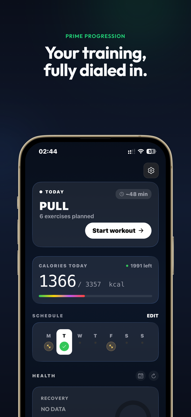 Dashboard: today's Pull workout, weekly schedule, calorie target, health summary