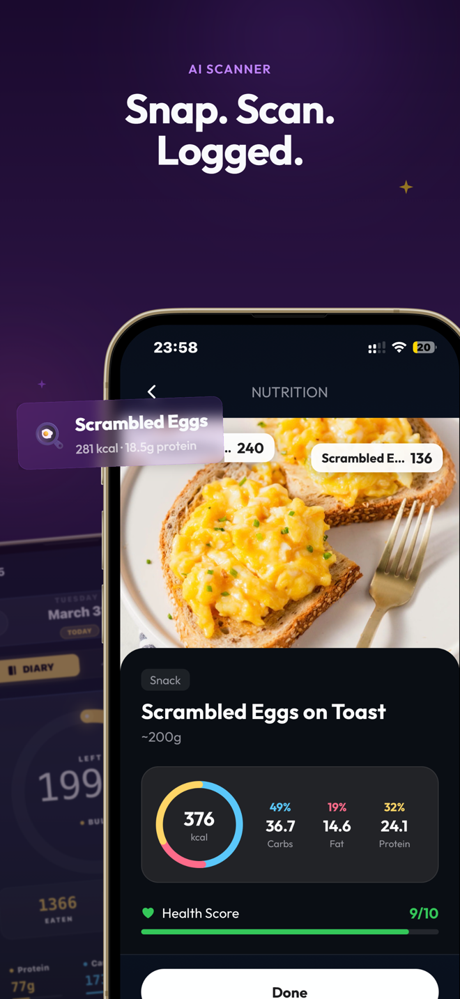 AI Food Scanner recognising a plate and auto-logging macros